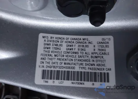 2013 Honda Civic Lx z USA, uszkodzony, nr VIN 2HGFB2F52DH559300